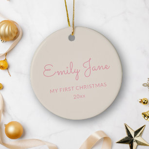 Personalised First Christmas Baby Photo Name Pink Ceramic Tree Decoration