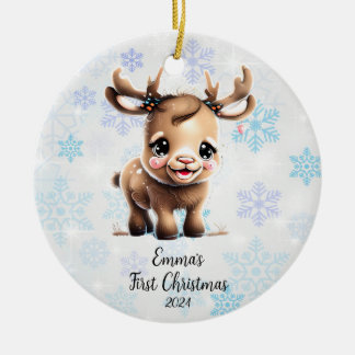Personalised First Christmas Baby Reindeer  Ceramic Tree Decoration