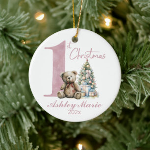 Personalised First Christmas bear for girl Ceramic Tree Decoration