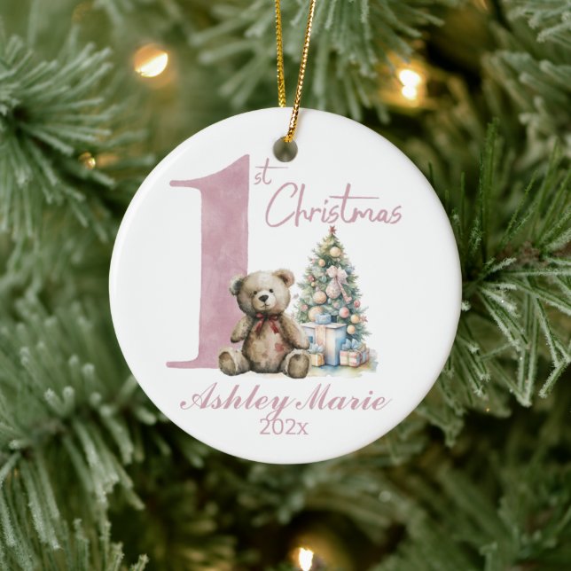 Personalised First Christmas bear for girl Ceramic Tree Decoration (Tree)