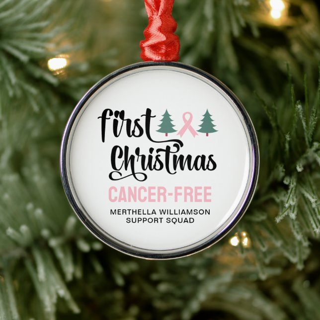 Personalised FIRST CHRISTMAS Breast Cancer Free  Metal Tree Decoration (Tree)