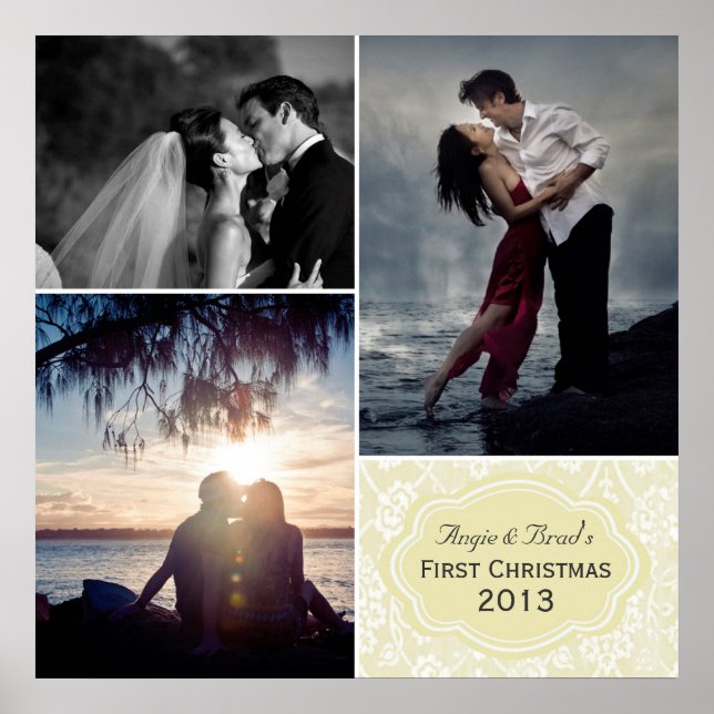 Personalised First Christmas Damask Photo Collage Poster (Front)