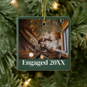 Personalised First Christmas Engaged Couple Green Ceramic Ornament