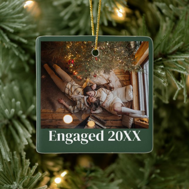 Personalised First Christmas Engaged Couple Green Ceramic Ornament (Tree)