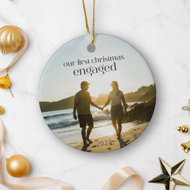 Personalised First Christmas Engaged Couple Photo  Ceramic Tree Decoration (Creator Uploaded)