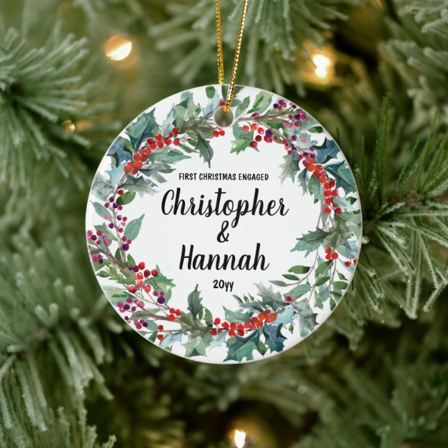 Personalised First Christmas Engaged Double Sided Ceramic Tree Decoration (Tree)