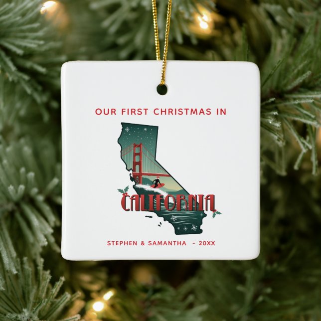 Personalised First Christmas In California State Ceramic Ornament (Tree)