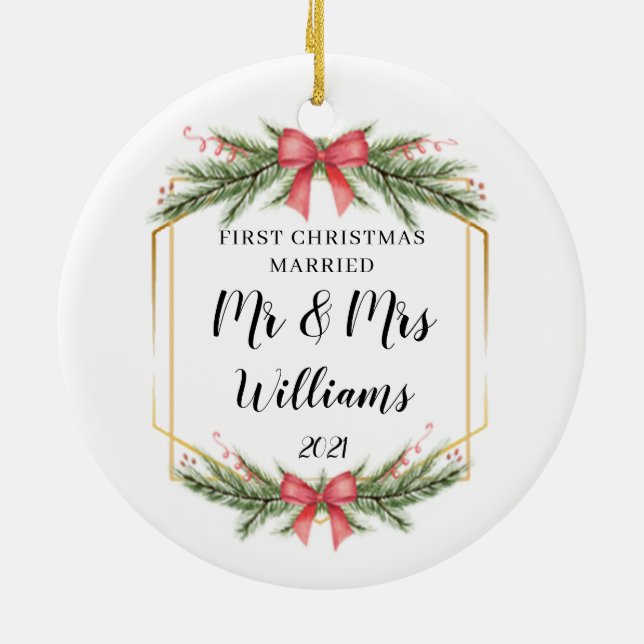 Personalised First Christmas Married Mr Mrs Ceramic Tree Decoration (Back)