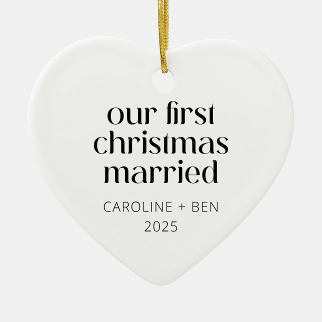 Personalised First Christmas Married Photo Heart Ceramic Tree Decoration (Front)