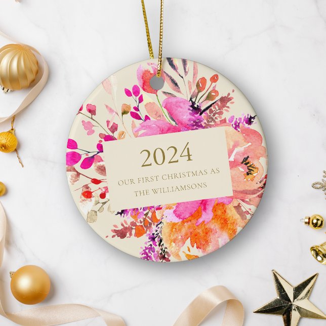 Personalised First Christmas Married Pink Floral  Ceramic Tree Decoration (Creator Uploaded)