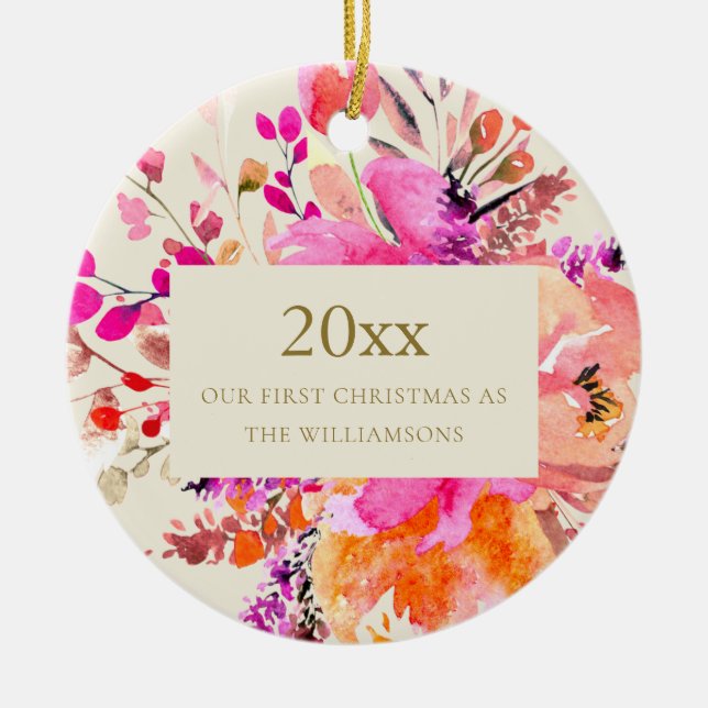 Personalised First Christmas Married Pink Floral  Ceramic Tree Decoration (Front)