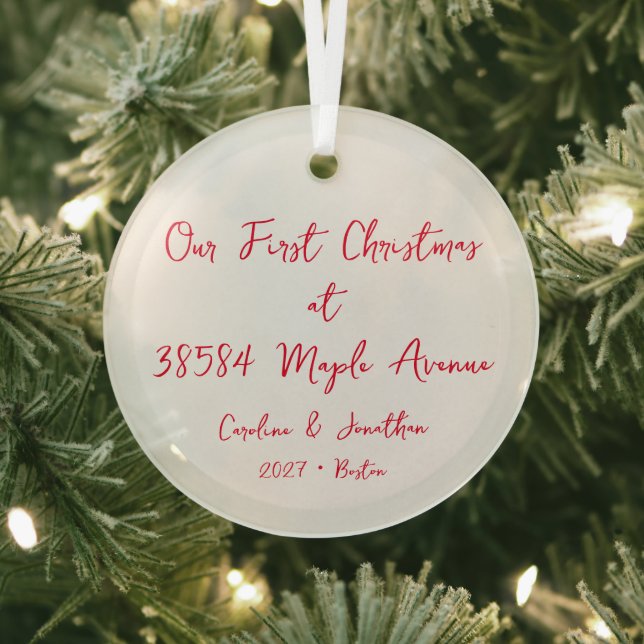 Personalised First Christmas New Home Address Red Glass Tree Decoration (Insitu)