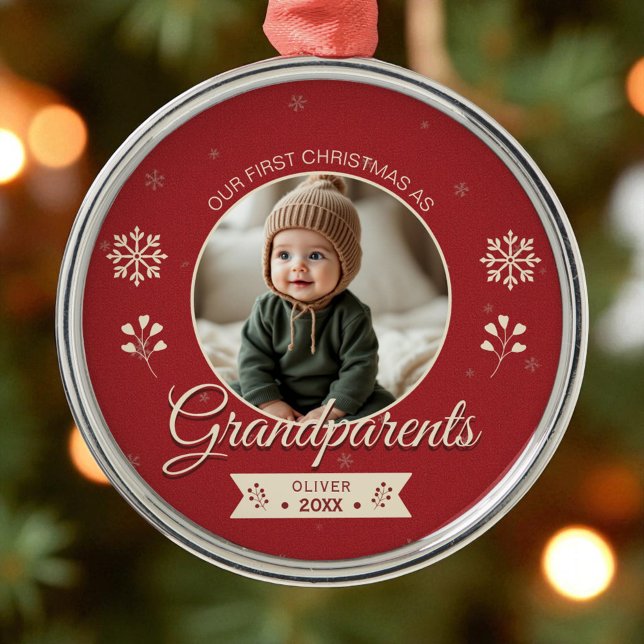 Personalised First Christmas Photo Grandparents  Metal Tree Decoration (Creator Uploaded)