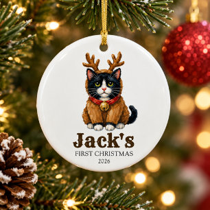 personalised first christmas reindeer tuxedo cat ceramic tree decoration