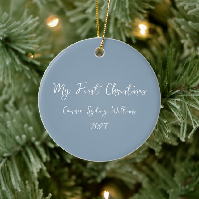 Personalised First Christmas Script Name Baby Blue Ceramic Tree Decoration (Tree)