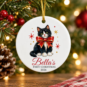 personalised first christmas tuxedo cat ceramic tree decoration