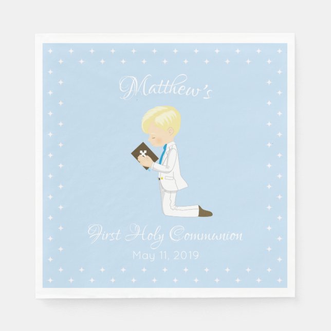 Personalised First Communion Blonde Boy Napkin (Front)