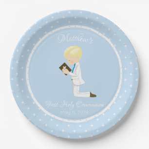 Personalised First Communion Blonde Boy Paper Plate