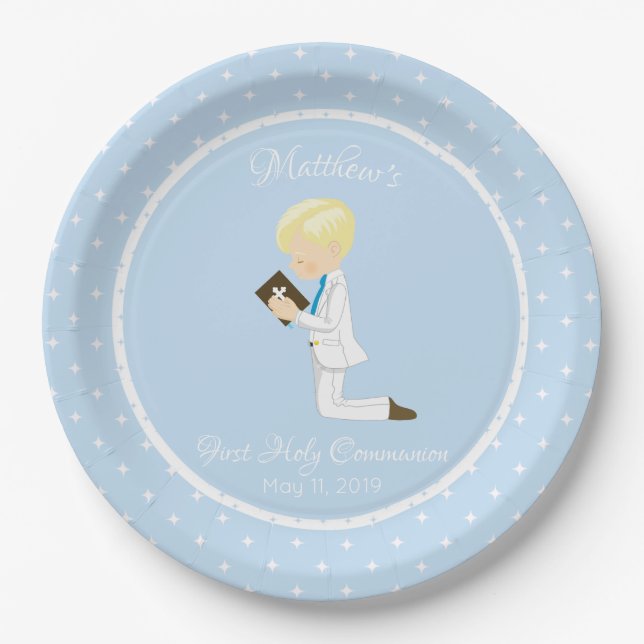 Personalised First Communion Blonde Boy Paper Plate (Front)