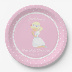 Personalised First Communion Blonde Girl Paper Plate