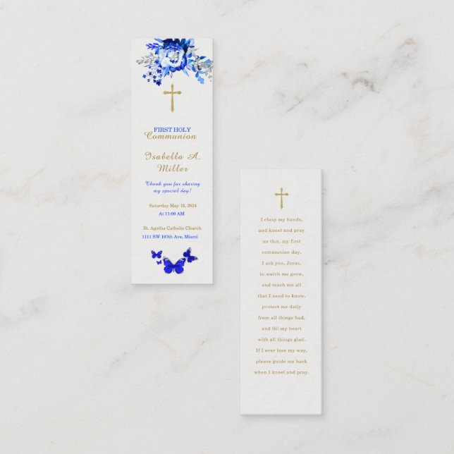 Personalised  First Communion Blue Prayer Card (Front/Back)