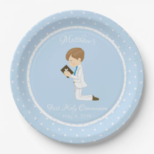 Personalised First Communion Brunette Boy Paper Plate