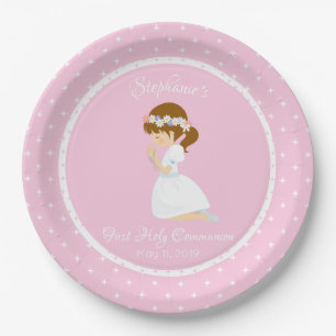 Personalised First Communion Brunette Girl Paper Plate
