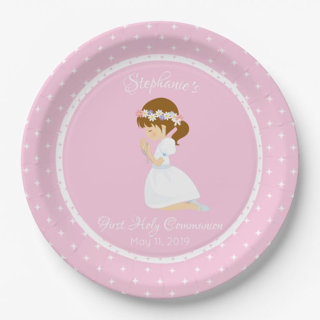 Personalised First Communion Brunette Girl Paper Plate (Front)