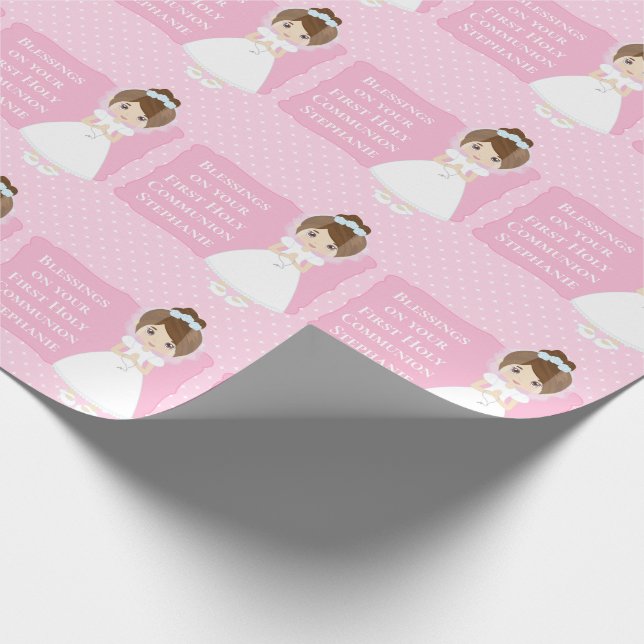 Personalised First Communion Brunette Girl Wrapping Paper (Corner)