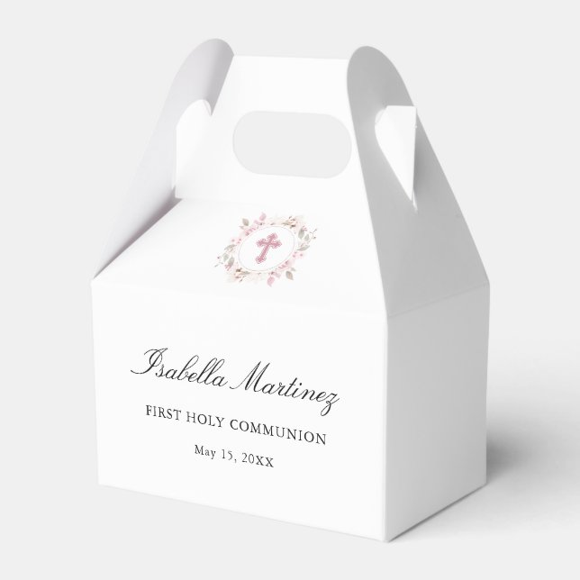 Personalised First Communion Pink Floral Cross Favour Box (Front Side)