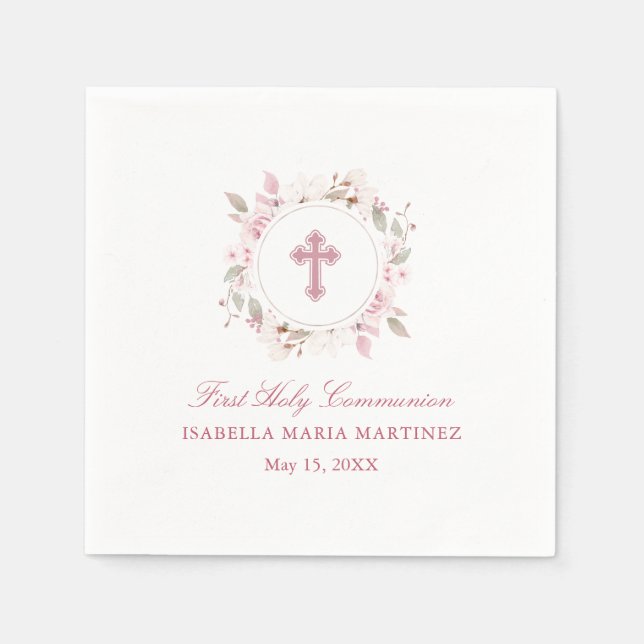 Personalised First Communion Pink Rose Floral Napkin (Front)
