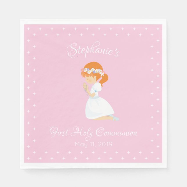 Personalised First Communion Red Hair Girl Napkin (Front)