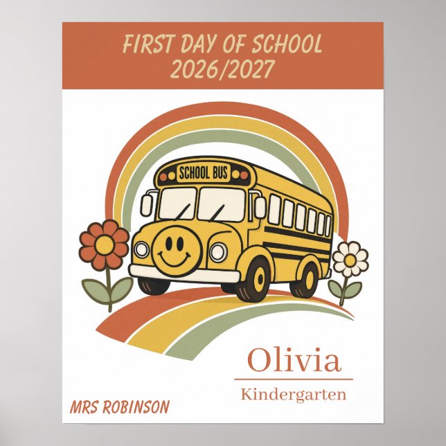 Personalised First Day of School Retro School Bus Poster (Front)