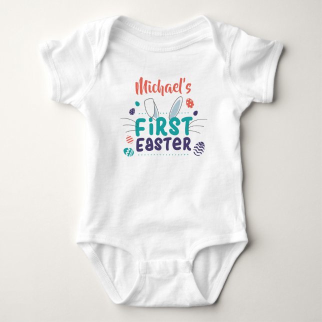 Personalised First Easter Bunny Ears Custom Name Baby Bodysuit (Front)