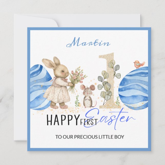 Personalised First Easter Card, Easter Bunny,2eggs Holiday Card (Front)