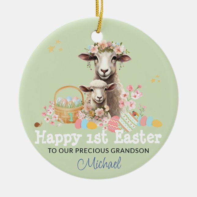 Personalised First Easter keepsake GREEN Lamb Ceramic Tree Decoration (Front)