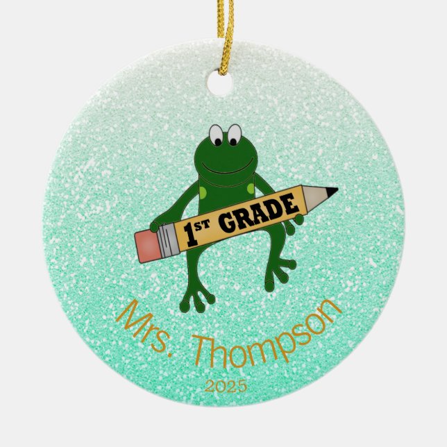 Personalised First Grade Teacher Frog   Ceramic Tree Decoration (Front)