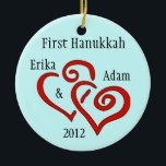 Personalised First Hanukkah Ornament<br><div class="desc">Entwined red hearts on a  blue background and personalised names & date.  Change Background colour by selecting custimze,  edit and background.</div>