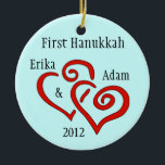 Personalised First Hanukkah Ornament<br><div class="desc">Entwined red hearts on a  blue background and personalised names & date.  Change Background colour by selecting custimze,  edit and background.</div>