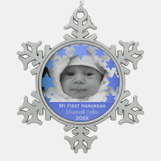 Personalised First Hanukkah Snowflake Pewter Christmas Ornament (Front)