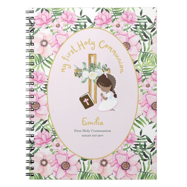 Personalised First Holy Communion Black Hair Girl  Notebook (Front)