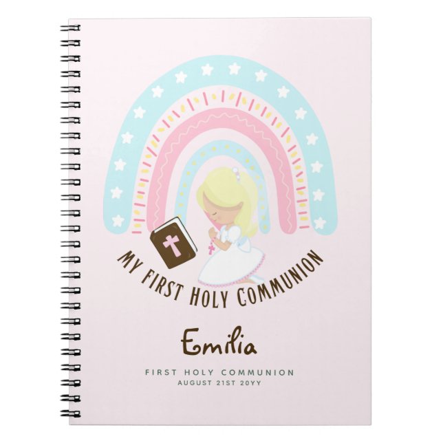 Personalised First Holy Communion Blonde Hair Girl Notebook (Front)