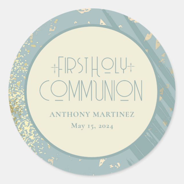 Personalised First Holy Communion Blue Gold Cross Classic Round Sticker (Front)