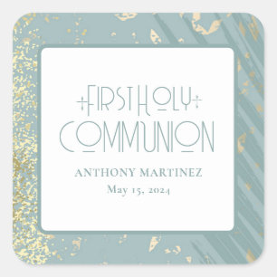 Personalised First Holy Communion Blue Gold Cross Square Sticker