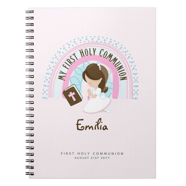Personalised First Holy Communion Brown Hair Girl Notebook (Front)