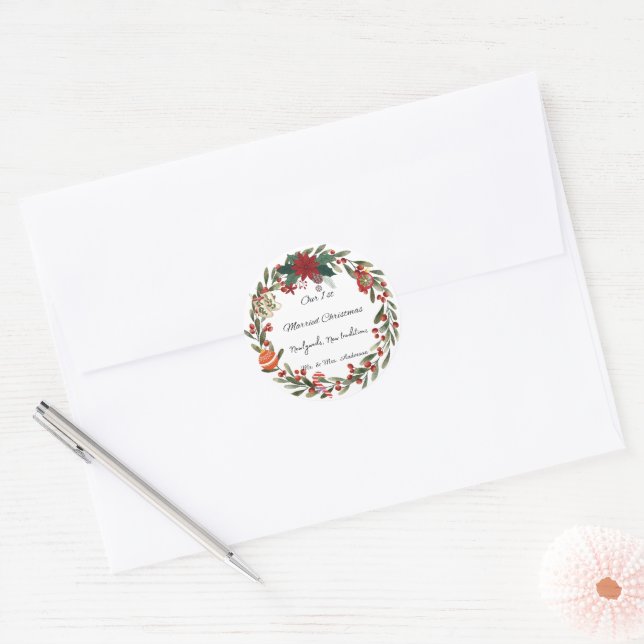 Personalised First Married Christmas Ornament Classic Round Sticker (Envelope)