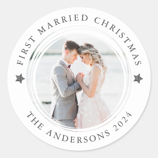 Personalised First Married Christmas Photo Classic Round Sticker (Front)