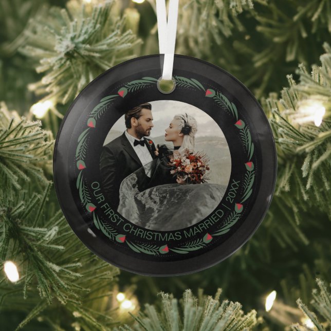 Personalised First Married Christmas Photo  Glass Tree Decoration (Insitu)