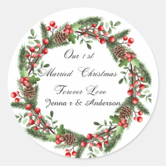 Personalised First Married Christmas stickerks Classic Round Sticker