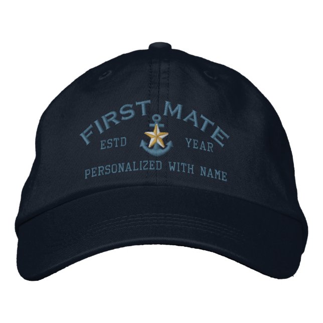 Personalised First Mate Coastal Star Anchor Embroidered Hat (Front)